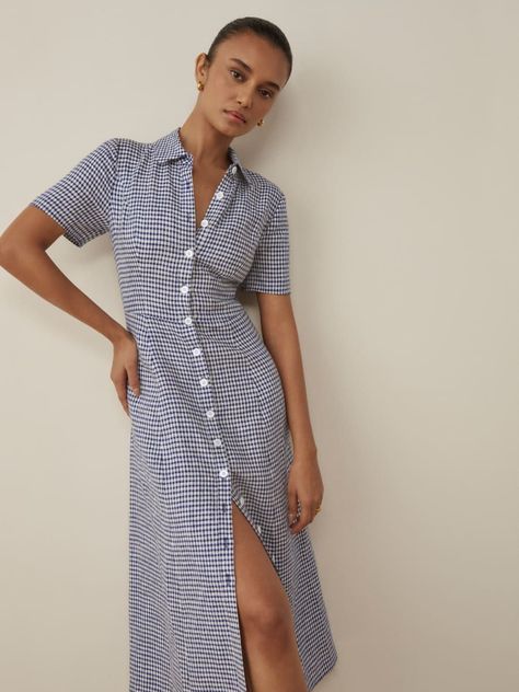 Gingham Shirt Dress, Gingham Shirt, Midi Length Dress, Mode Inspiration, Dress Short, Spring Summer Outfits, Linen Dress, Outfits Casuales, Look Fashion