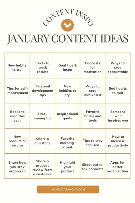 Fitness Social Media Content Calendar, Content Ideas For Personal Development, Social Media Content Ideas Small Businesses, Content Theme Ideas, January Vlog Ideas, Monthly Content Ideas, Weekly Content Ideas, Entertainment Content Ideas, New Year Content Ideas Instagram