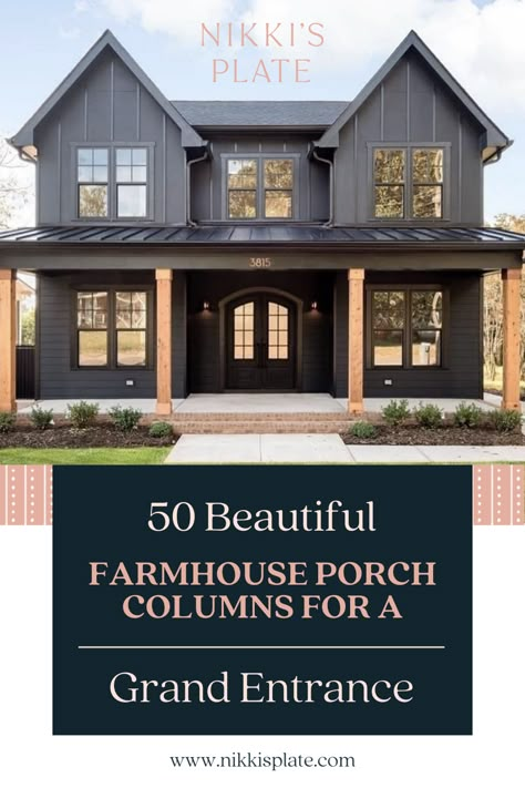 Posts In Front Of House, Diy Porch Post Columns, Modern Pillars On Front Porch, Back Porch Columns, Metal Columns Front Porch, Wood Porch Pillars, Cypress Posts Front Porch, Front Porch Posts Columns Farmhouse, Front Porch With Posts