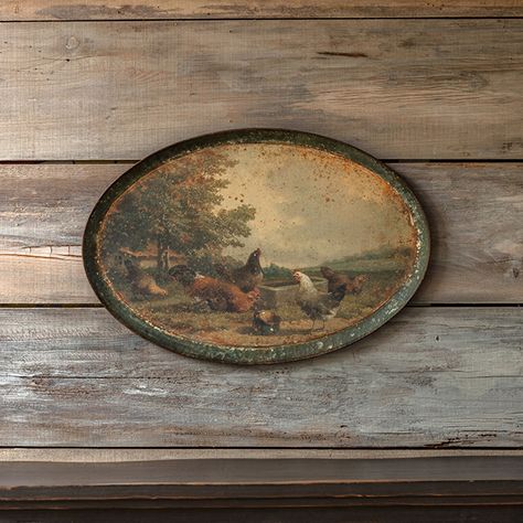 Add some gorgeous character to any room with our Aged Farm Scene Oblong Tole Tray. This display piece will make quite an impression, with its French farm scene and aged detailing that adds even more character. Display this decorative tray on a counter or sideboard, or hang it on a wall to give your room a beautiful farmhouse touch. Modern Country French Decor, Tea Tray Display, Barn Extension, Cabin Update, Tray Wall Decor, Country Couture, Free Printable Artwork, Household Necessities, Roan Mountain