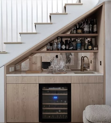 Stair Down Space Design, Fireplace Under Staircase, Design Under The Stairs Ideas, Under Stairs Bar And Storage, Bar Under Stairs Modern, Understairs Coffee Station, Under Stairs Drinks Cabinet, Small Kitchen Under Stairs Ideas, Under The Stairs Bar Ideas