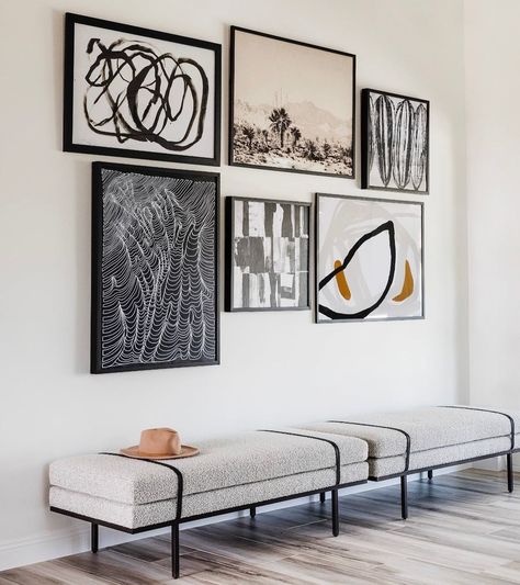 MADDIE CULLEN on Instagram: “A high contrast gallery wall + boucle benches were the perfect transition from entryway to kitchen in our #ModernMancave project! 📷:…” Bench For Foyer, Modern End Of Bed Bench, Living Room Bench Seating Ideas, Accent Bench Living Room, Bench Design Interior, Foyer Apartment, Wall Bench Seating, Goodman House, Living Room Bench Seating