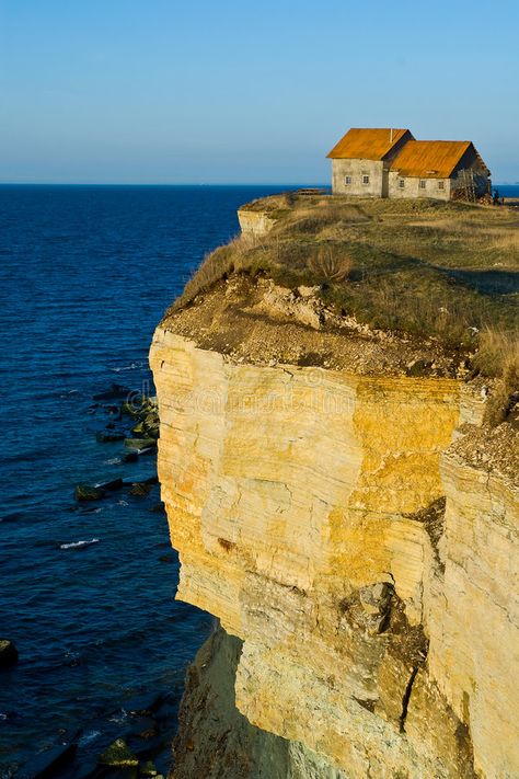 House on seaside cliff. A late afternoon view of a small house built on the edge , #AFFILIATE, #view, #afternoon, #house, #small, #seaside #ad Cerulean Sea Aesthetic, Houses On Cliffs, Seaside Cliff, The Cerulean Sea, Cerulean Sea, Cube World, Seaside House, Cliff House, A Small House