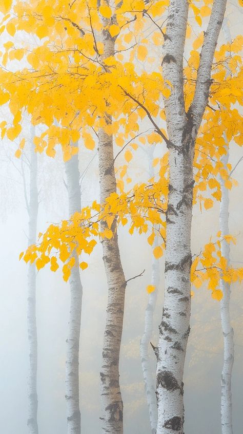 Feel the quiet elegance of nature with this serene portrayal of birch trees cloaked in mist, their golden leaves glowing against the soft fog. Ideal for those who find beauty in the subtle and tranquil moments of autumn. 🍁✨ #NatureLovers #AutumnVibes #MistyMorning #SereneLandscape #GoldenBirch... Library Minimalist, Palm Springs Aesthetic, 자작나무 그림, Lily Images, How To Watercolor, Birch Tree Art, Graphic Recording, Birch Leaf, Landscape Reference