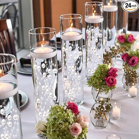 Amazon.com: White Vase Filler for Floating Candles, 94ft Cuttable Faux Pearl Beads Strings Filler Cylinder Vases Centerpiece Table Decorations for Floating Effects, Wedding, Dining, Party, Celebration : Home & Kitchen Simple Centerpiece Wedding Rectangle Table, Safe And White Wedding, Wedding Decor For Tables Centerpieces, Long Centerpieces Dining Room Modern, Single Bowl Table Centerpieces Wedding With Water Beads Floating Flowers, Rustic Pearl Wedding Decor, Tall Centerpieces For Party Elegant, Black And White Wedding Table Centerpieces, Classic Elegant Wedding Reception Decor