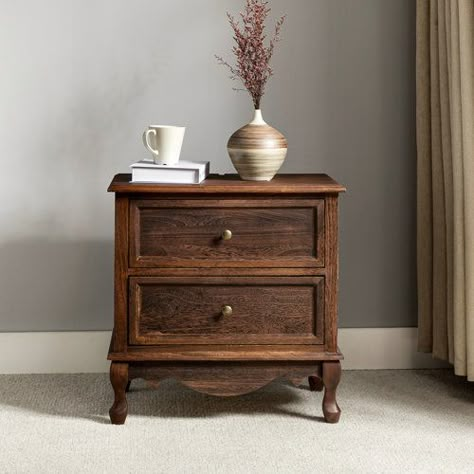 Laurel Foundry Modern Farmhouse Lundgren 24'' Tall 2 - Drawer Nightstand | Wayfair Aesthetic Decor Ideas To Try, Vintage Wood Nightstand, Modern Farmhouse Nightstand Decor, Primary Bedroom Nightstands, Natural Wood Nightstand Bedroom, French Country Nightstands, French Countryside Bedroom, Wooden Nightstands, Antique Bedside Table