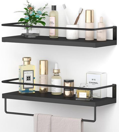 Amazon.com: Onlysky Black Floating Shelves with Grey Towel Rack - Set of 2 Wall Mounted Hanging Bathroom Shelves, Decorative Shelves for Stylish Storage in Bathroom, Kitchen, Living Room & Bedroom : Home & Kitchen Bathroom Wall Organization Ideas, Guys Bathroom Ideas Decor, Bathroom Shelving Ideas Over Toilet, Bathroom Accessories Inspiration, Bathroom Wall Organization, Guys Bathroom Ideas, Modern Bathroom Shelves, Spa Themed Bathroom, Floating Bathroom Shelves