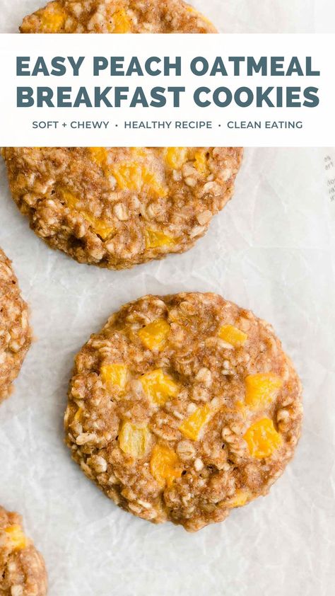 These healthy peach oatmeal breakfast cookies taste like peach pie! They’re soft, chewy & easy to make. You just need a handful of everyday ingredients! These healthy breakfast cookies are clean eating, low calorie & great for kids (or adults!). You can make them with fresh peaches or canned peaches — both work really well! Healthy breakfast cookies clean eating. Oatmeal breakfast cookies for kids. Breakfast cookies recipe low calorie. #oatmealcookies #healthyrecipes Healthy Peach Oatmeal, Breakfast Cookies For Kids, Eating Low Calorie, Clean Eating Oatmeal, Recipe Low Calorie, Peach Oatmeal, Oatmeal Breakfast Cookies, Breakfast Cookie Recipe, Peach Dessert Recipes