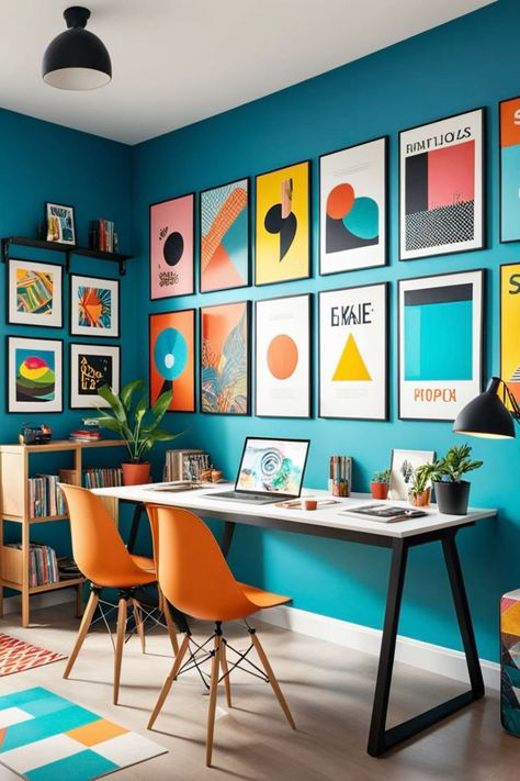 Home Office Inspiration Colorful, Colourful Office Ideas, Vibrant Home Office, Colourful Office Interior, Bright Color Interior Design, Home Office Bright, Bright Office Decor, Colourful Home Office, Vibrant Office Design