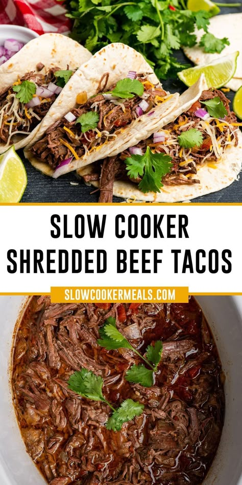 Slow Cooker Shredded Beef, Shredded Beef Tacos, Chuck Roast Recipes, Beef Tacos, Slow Cooker Tacos, Dinner Recipes For Family, Shredded Beef, Homemade Beef, Chuck Roast