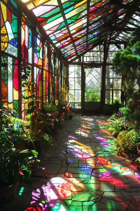 Indoor Glass Greenhouse, Garden Pavilion Design, Stained Glass Window Greenhouse, Solar Panel Greenhouse, Home Botanical Garden, House Inside A Greenhouse, Cool House Ideas Creative, Backyard Garden With Greenhouse, Huge Garden Design