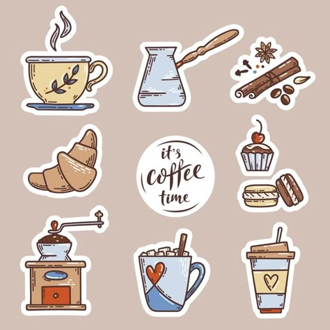 Coffee Journal, Coffee Ornaments, Template Color, Drinks Packaging Design, Drink Stickers, Drawing Ideas List, Coffee Drawing, Cute Laptop Stickers, Coffee Illustration