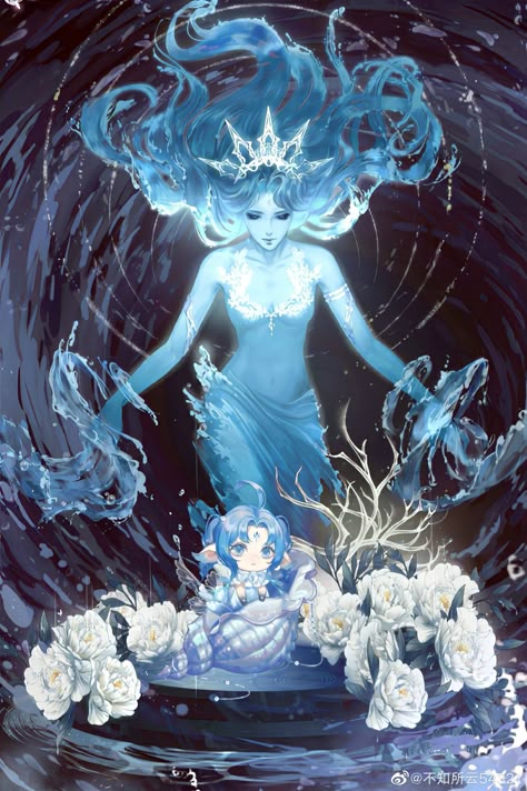 Blue Hair Goddess Art, Water Goddess Drawing, Water Queen Art, Water Elemental Art, Water God Character Design, Water Goddess Character Design, Water Powers Drawing, Water Elemental Character Design, Water Dress Drawing