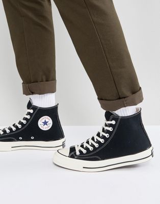 Converse Chuck Taylor All Star '70 Hi plimsolls in black 142334c Chuck Taylors Outfit, All Star Outfit, Sandals Nike, Stylish Running Shoes, Sneakers Outfit Men, Black Chucks, Tenis Vans, Day Fashion, Black Converse