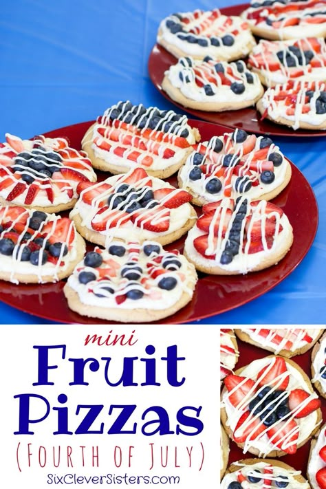 Mini Fruit Pizzas (Fourth of July) - Six Clever Sisters Dessert Picnic, Fruit Pizzas, Mini Fruit Pizzas, 4th July Food, Blueberries And Strawberries, Fruity Dessert, Sugar Cookie Crust, 4th Of July Food, Patriotic Food