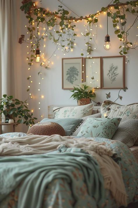 Bedroom Decor Ideas With Lights, Cozy Apartment On A Budget, How To Make Fairy Lights Look Good, Room Ideas Cheap Diy, Makeover Room Ideas, Cute Bedroom Fairy Lights, Light Room Ideas Bedrooms, Ideas For Lights In Bedroom, Aesthetic Cute Room Ideas