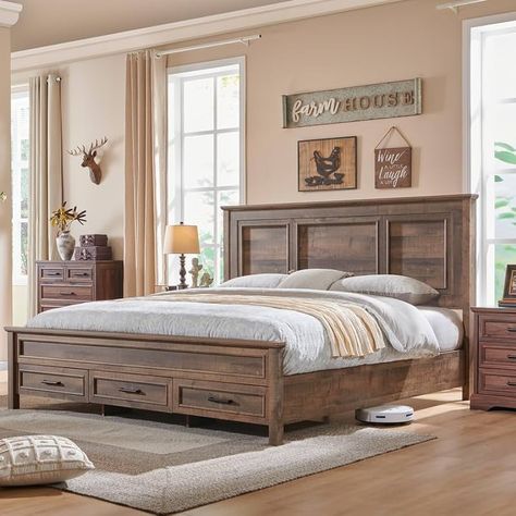 Amazon.com: ACCOHOHO Farmhouse Queen Size Bed Frame with 52" Tall Full-Panel Headboard, Wood Platform Bedframe with Footboard and Storage Drawers, No Squeak, No Box Spring Needed, Light Brown : Home & Kitchen Bedframe With Storage, Wooden Panel Bed, Headboard With Storage, Farmhouse Bed Frame, Wood Panel Bed, Rustic Bed Frame, Headboard Wood, Farmhouse Bed, Queen Size Bed Frame