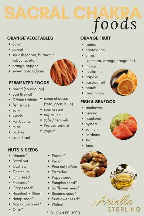 Sacral Chakra Healing Foods, Foods For Sacral Chakra, Sacral Chakra Recipes, Foods For Chakras, Spiritual Food For The Soul, Sacral Chakra Herbs, Sacral Chakra Womb Healing, Sacral Chakra Foods, Womb Healing Foods