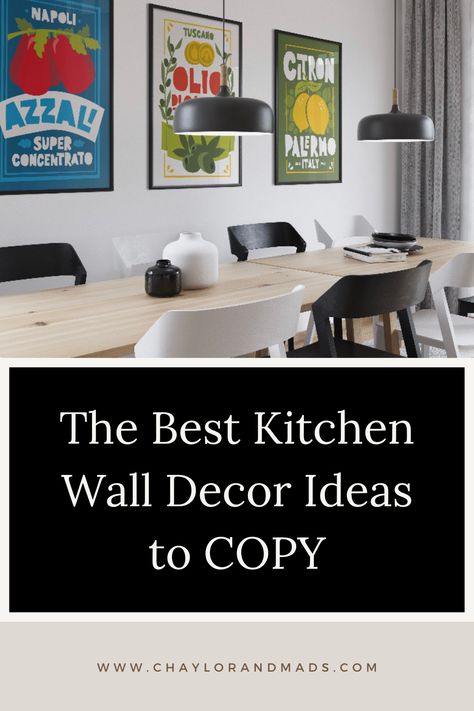 The best kitchen wall decor ideas including tips to create an inexpensive wall collage, modern and simple ideas and the best foodie artwork! Art Decor Kitchen, Large Kitchen Wall Art, Kitchen Wall Decoration Ideas, Kitchen Walls Ideas, Kitchen Art Wall Decor, How To Decorate Blank Wall In Kitchen, Artwork For Kitchen Walls, Artwork Kitchen, Galley Kitchen Wall Decor