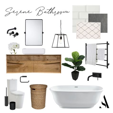 Small Bathroom Mood Board Inspiration, Bathroom Color Boards, Mood Boards Bathroom Inspiration, Interior Design Mood Board Bathroom, Bathroom Sample Board, Guest Bathroom Mood Board, Organic Modern Bathroom Mood Board, Serene Bathroom Ideas, Bathroom Design Boards