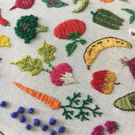 Cute vegetable and fruit embroidery by megglamar Fruit Embroidery, Embroidered Items, Vegetable And Fruit, Brazilian Embroidery, Folk Embroidery, 자수 디자인, Hand Embroidery Art, Crewel Embroidery, Hand Embroidery Stitches