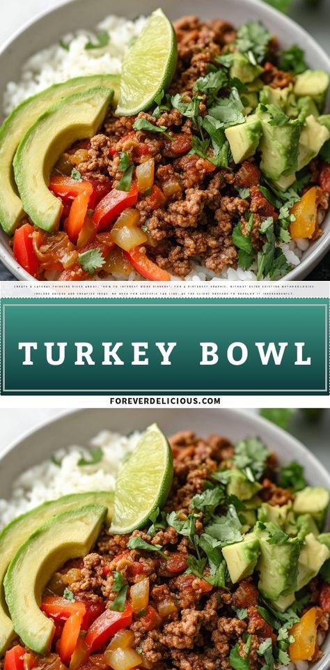 I can’t get enough of this vibrant Turkey Bowl! Packed with seasoned ground turkey, colorful peppers, creamy avocado, and fresh cilantro over a bed of rice, each bite is a flavor explosion. Perfect for meal prep or a quick dinner, this recipe is both healthy and satisfying. Plus, the lime adds the perfect zesty touch! Try it out and let me know what you think! Ground Turkey Brown Rice Bowl, Turkey Taco Bowls Healthy, Turkey And Peppers Recipe, Healthy Ground Turkey Rice Bowls, Clean Turkey Recipes, Health Turkey Recipes, Ground Turkey And Avocado Recipes, Ground Turkey With Vegetables, Ground Turkey Mexican Bowl