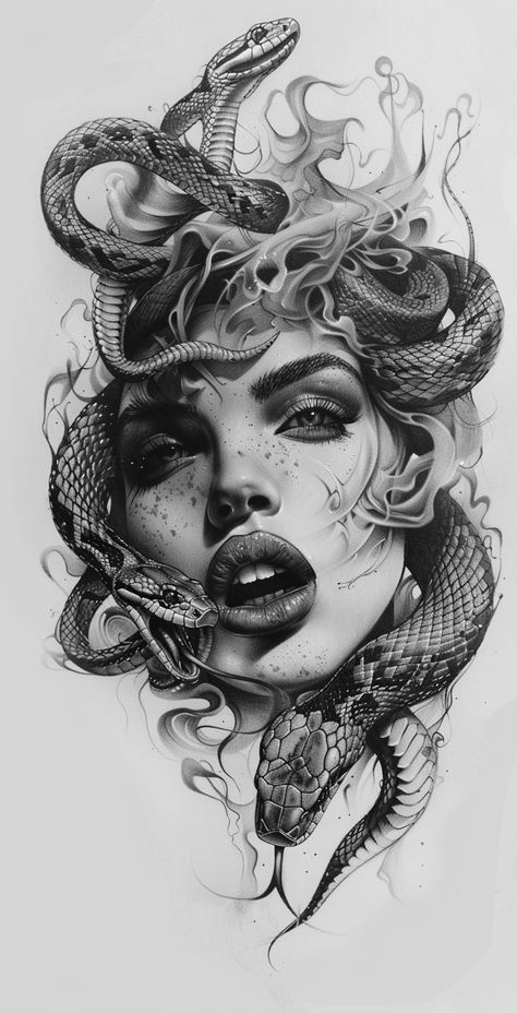 🎁🚀Unlock Amazing Midjourney Prompts - Click on Link in my Bio🔗👈 Owl Neck Tattoo, Medusa Pictures, Medusa Mythology, Medusa Drawing, Greek God Tattoo, Dove Tattoo Design, Drawing Of A Woman, Medusa Tattoo Design, Tarot Tattoo