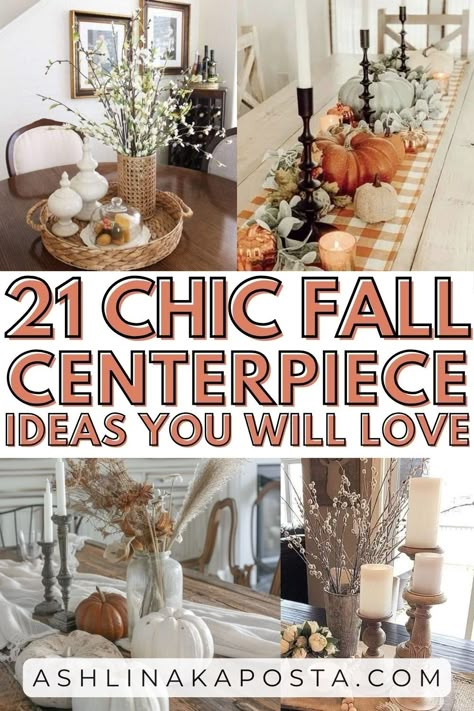 21 gorgeous fall centerpiece ideas to brighten up your dining table — ASHLINA KAPOSTA Fall Farmhouse Table Setting, Breakfast Table Fall Decor, Fall Table Arrangement Ideas, Pumpkin Table Display, Natural Wood Centerpieces, Long Dining Room Table Fall Decor, Fall Decor Ideas For Table, Coffee Table Fall Decor Ideas Decorative Trays, Fall Center Piece Dining Room