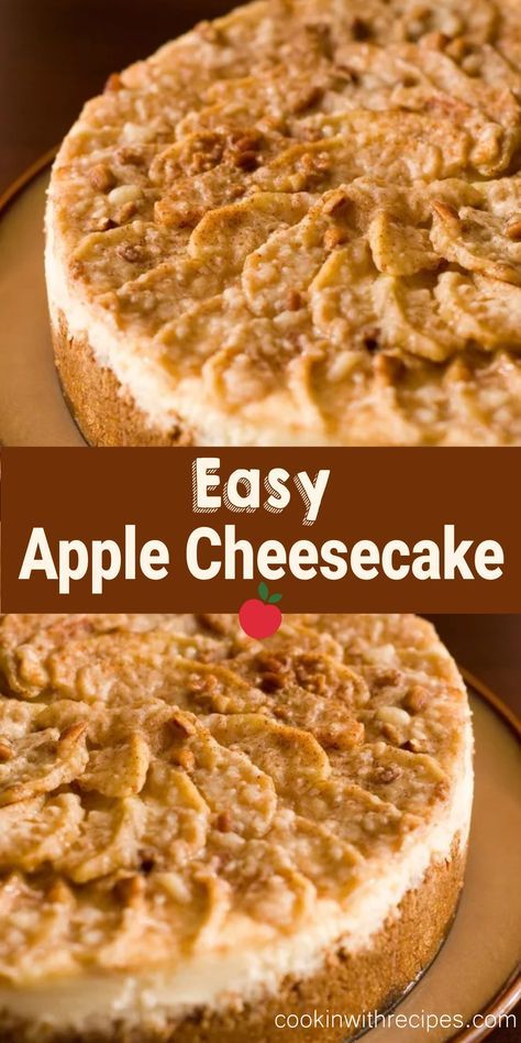 Easy Apple Cheesecake Recipe - This is a delicious apple cheesecake that I usually make in the fall. Apple Cake Cheesecake, Carmel Apple Cheesecake Easy Desserts, No Bake Apple Cheesecake Recipes, Carmel Apple Cheesecake Bar, Apple Crumble Cheesecake Recipe, Apple Cheesecake Tacos, Easy Caramel Apple Cheesecake, Apple Pecan Cheesecake, Easy Apple Cheesecake