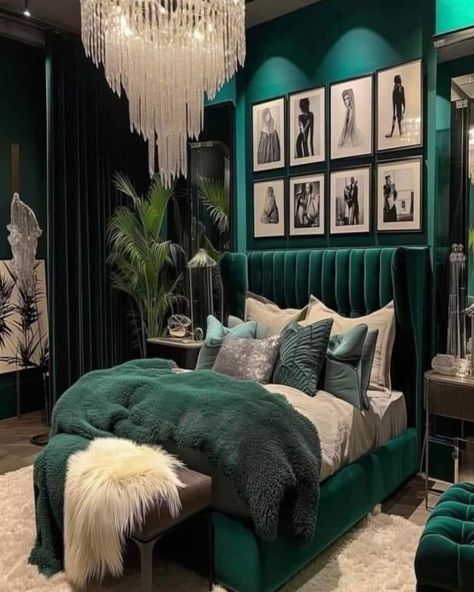 Emerald Green Office, Emerald Green Bedrooms, Green Bedroom Decor, Teal Bedroom, Glam Bedroom, Bedroom Redo, Bedroom Bliss, Future Apartment Decor, Gold Bedroom