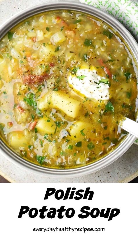 Polish Potato Soup Recipes, Creamy Potato Cabbage Soup, Braised Potatoes Russian, Hungarian Potato Soup, Soup Potatoes Recipes, Beet Potato Soup, Broth Based Potato Soup, Potato Meatball Soup, Polish Stew Recipes