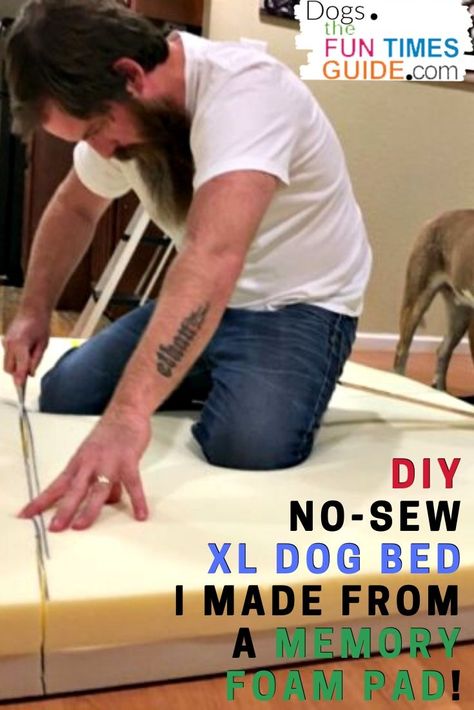 See how I made 2 no-sew XL dog beds from a Memory Foam Pad... for HALF the price of buying a new dog bed! #diydogbed #dogbed #diydogstuff Diy Giant Dog Bed, Great Dane Bed Ideas, Dog Mudroom, Xl Dog Bed, Dog Beds Homemade, Diy Dog Beds, Giant Dog Beds, Big Dog Beds, Cheap Dog Beds