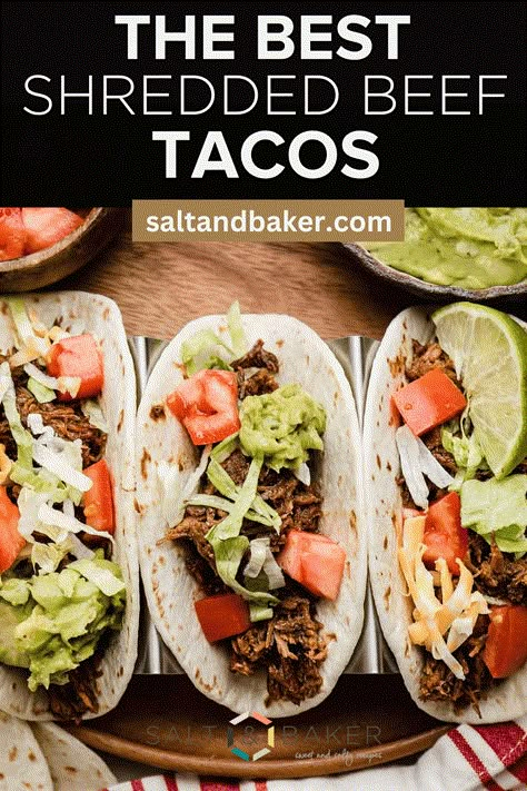 Super simple crock pot shredded beef tacos are the latest weeknight hero! Chuck roast is slow cooked until it becomes super tender and flavorful. Turn it into tacos, burritos, bowls, or anything you like. Just don't forget to top it with your favorite toppings! Shredded Beef Taco Recipes, Chuck Roast Taco Meat, Crock Pot Steak Tacos, Crock Pot Beef Tacos, Beef Brisket Tacos Recipes, Chuck Roast Tacos Slow Cooker, Crockpot Shredded Beef Tacos, Shredded Beef Tacos Crockpot, Cooking Chuck Roast