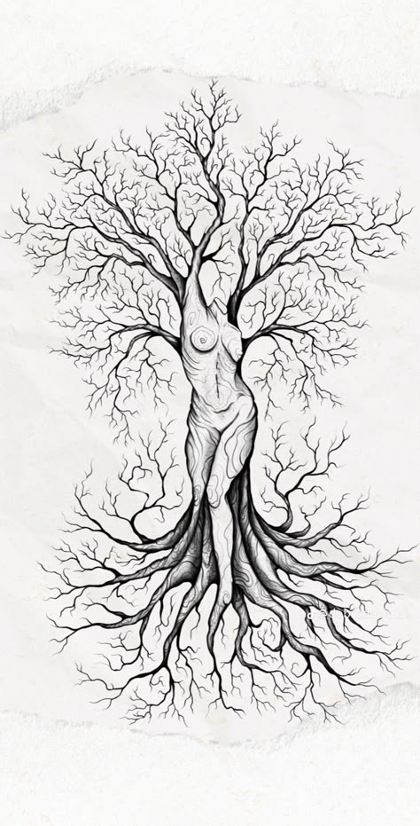 Tree Arm Tattoo Woman, Woman Tree Tattoo Goddesses, Female Tree Tattoo, Upside Down Tree Tattoo, As Above So Below Tree Tattoo, Back Tattoo Women Sketch, Tree Root Tattoos For Women, Half Tree Drawing, Tree Woman Drawing