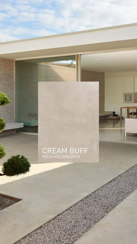 One of our most inviting Polished Concrete floor colours, Cream Buff allows you to create a genuinely relaxing atmosphere and helps to brighten up pretty much any space, especially if there’s lots of natural light available. / #architecture #interiordesign #homeideas Beige Concrete Flooring, Tan Concrete Patio, Off White Concrete Floors, Greige Concrete Floors, Sand Color Concrete Floor, Beige Cement Floor, Matte Concrete Floors, Concrete Floor Interior Design, Smooth Concrete Floor