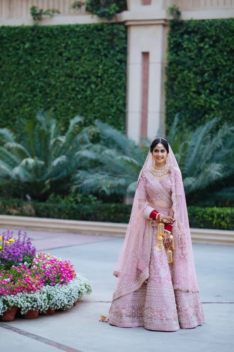 Pastel Pink Wedding Lehenga, Pink Bridal Lehenga Brides, Pastel Pink Lehenga Bridal, Red Bridal Dress Indian, Bride Lehenga Designs, Pink Lehenga For Bride, Gown Sangeet, Pastel Lehenga Wedding, Lehenga Designs For Bride