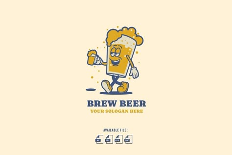 Brew Beer Retro Cartoon Logo Beer Cartoon Drawing, Beer Vintage Illustration, Beer Logo Vintage, Retro Beer Logo, Beer Character, Cornhole Shirts, Beer Bar Design, Craft Beer Logo, Logo Drink