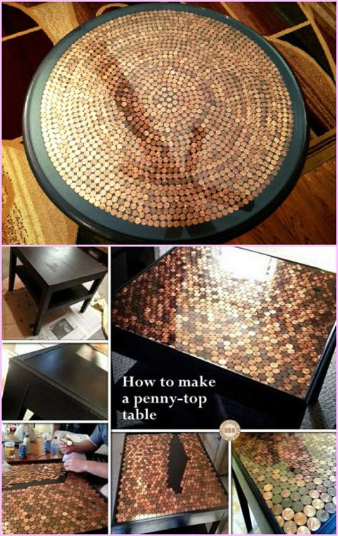 20 DIY Hacks to Decorate Home and Garden with Pennies -DIY Penny Top Table  #Furniture, #Makeover Penny Table Top, Penny Table Tops, Penny Table, Penny Art, Penny Floor, Diy Hanging Shelves, Diy Tumblr, Wine Bottle Diy Crafts, Diy Epoxy