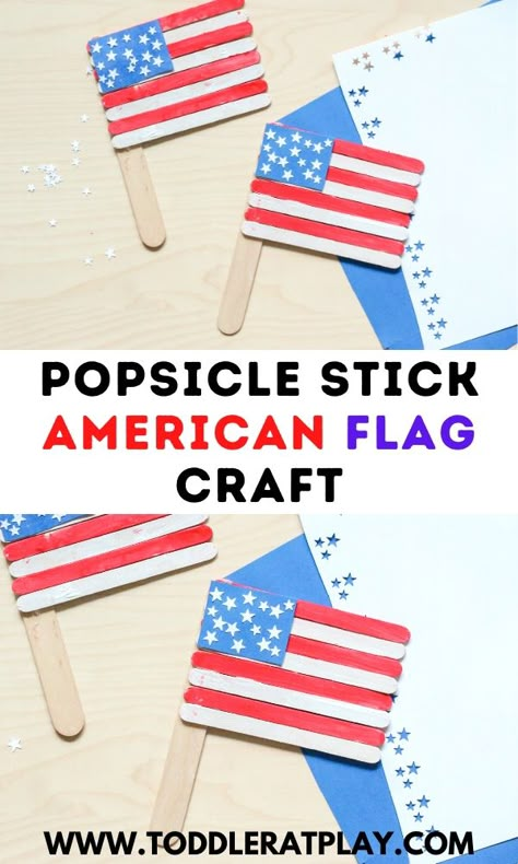 Popsicle Stick American Flag Craft - Toddler at Play Popsicle Stick Flags 4th Of July, American Flag Crafts For Toddlers, American Flag Art Project, American Flag Crafts Preschool, Popsicle Stick Art For Kids, Flag Crafts Preschool, Usa Crafts For Kids, American Flag Crafts For Kids, Flag Crafts For Kids