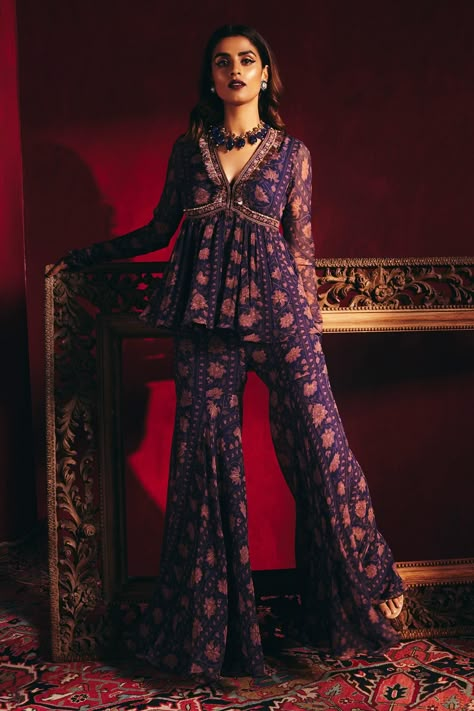 Shop for these amazing collections of Blue Chiffon And Net Print & Embroidery Dilke Peplum Tunic Sharara Set For Women by Ridhi Mehra online at Aza Fashions. Diwali Dresses, Ridhi Mehra, Side Border, Trendy Outfits Indian, Diwali Outfits, Indian Outfits Lehenga, Traditional Indian Dress, Dress Book, Casual Indian Fashion