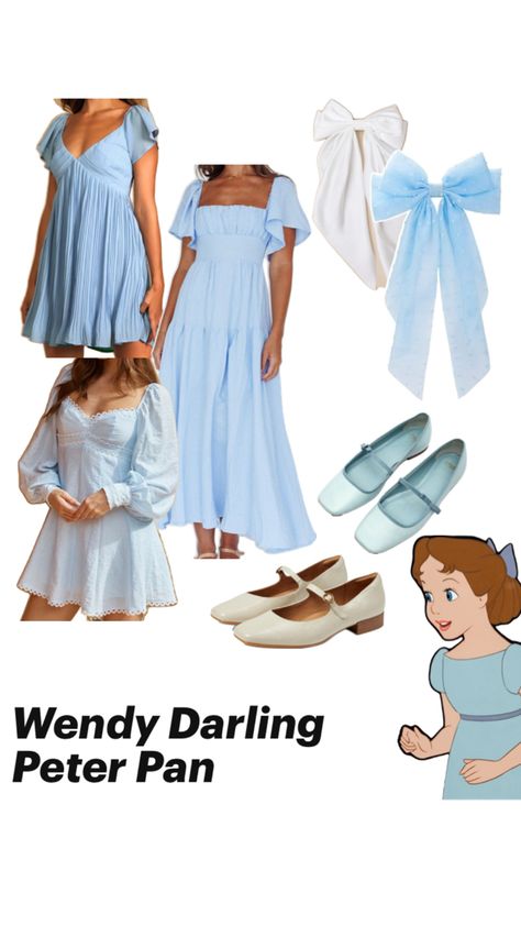 Powder blue dress, matching bow tie, ballet flats Easy Last Minute Halloween Costume, Wendy Costume, Peter Pan Outfit, Wendy Peter Pan, Peter Pan Costumes, Last Minute Halloween Costume, Wendy Darling, No Spend, Last Minute Halloween