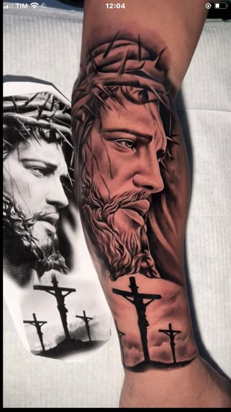 In Gods Hands Tattoo, Tattoo Jesus Cristo, Jesus Tattoo Ideas, Jesus Tattoo Sleeve, Half Sleeve Men, Jesus Tattoo Design, Forearm Tattoo Design, Jesus Tattoo, Geometric Tattoo Design