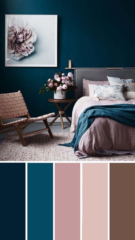 Dark Teal Dusty Rose Bedroom Color Scheme #bedroom #color #scheme #decorhomeideas #colorchart Beautiful Bedroom Colors, Design Ložnic, Living Room Color Schemes, Bedroom Color, Luxurious Bedroom, Room Color Schemes, Bedroom Color Schemes, Contemporary Home Decor, Remodel Bedroom