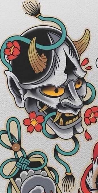 Neo Trad Hanya Mask, Japanese Swirl Tattoo, Hanya Mask Traditional, Japanese Masks Tattoos, American Traditional Samurai, Oni Japanese Tattoo, Hanya Mask Tattoo Traditional, Japanese Ninja Tattoo, Traditional Oni Mask Tattoo Design