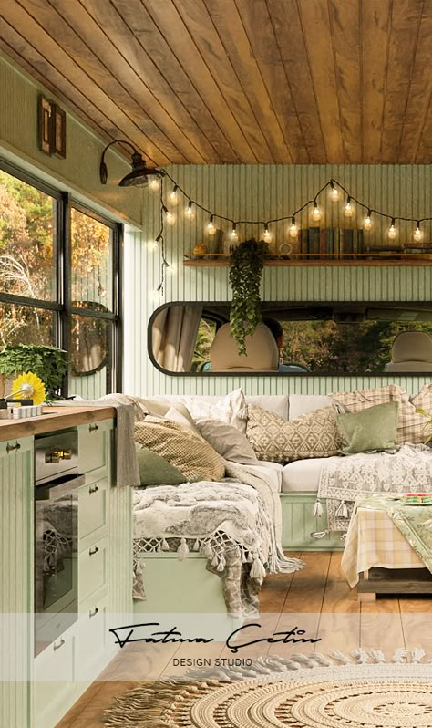 Campervan Green Interior, Tiny Caravan Ideas, Boho Caravan Interior Bohemian, Caravan Conversion Ideas, Caravan Aesthetic Inside, Caravan Makeover Boho, Cute Caravan Interior, Static Caravan Decor, Green Caravan Interior