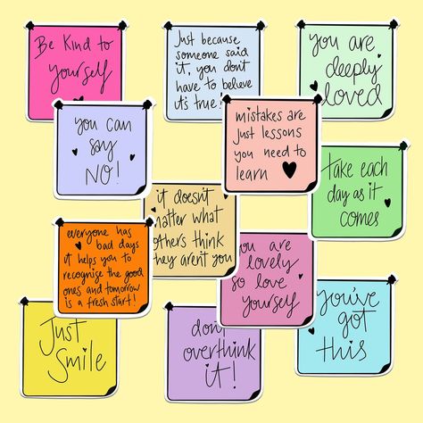 Daily Reminders For Best Friend, Positive Notes For Myself, Self Notes Quotes Aesthetic, Cute Post It Notes Quotes, Happy Notes Quotes, Daily Notes To Self, Happy Notes Ideas, Post It Note Affirmations, Motivational Quotes On Sticky Notes