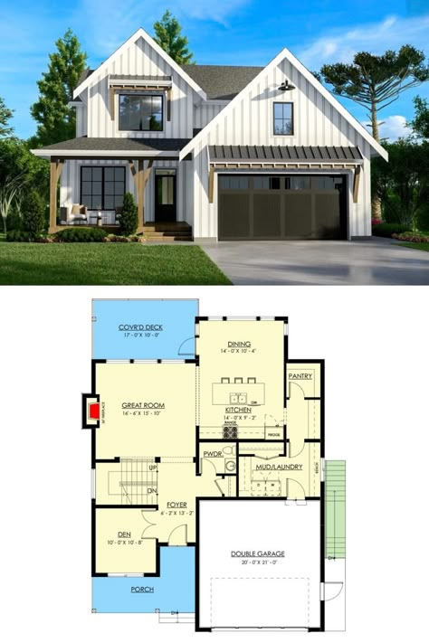 Gorgeous rustic modern farmhouse exterior and 2,231 sq.ft. floor plan of this 4-bedroom 2-story exclusive modern farmhouse plan with open concept living. Follow Homestratosphere for only the best house plans, 4-bedroom house plans, and to see more stunning modern farmhouse plans. By Architectural Designs. Cool House Plans, Little House Plans, Farmhouse Floor Plans, Two Story House Plans, Free House Plans, 2 Bedroom House Plans, 4 Bedroom House Plans, Floor Plan 4 Bedroom, Modern Design Elements