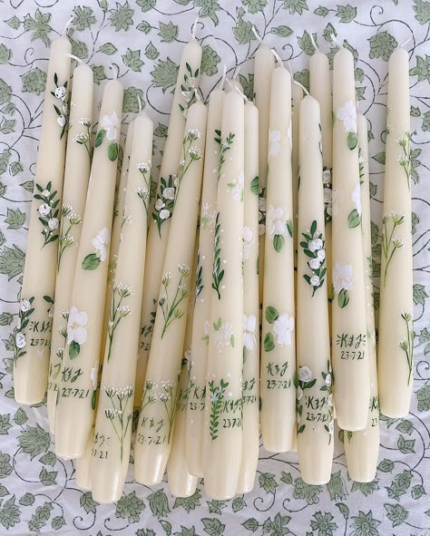 Orna Hand Painted Candles | Loved putting these together for a recent wedding🤍🤍🤍A mixture of white delicate flowers and green foliage to tie in with the general… | Instagram Painted Wedding Candles, Salem Wedding, Midsummer Wedding, Wedding Diys, Pretty Candle, Hand Painted Candles, Floral Candle, Lovely Bride, Nancy Meyers