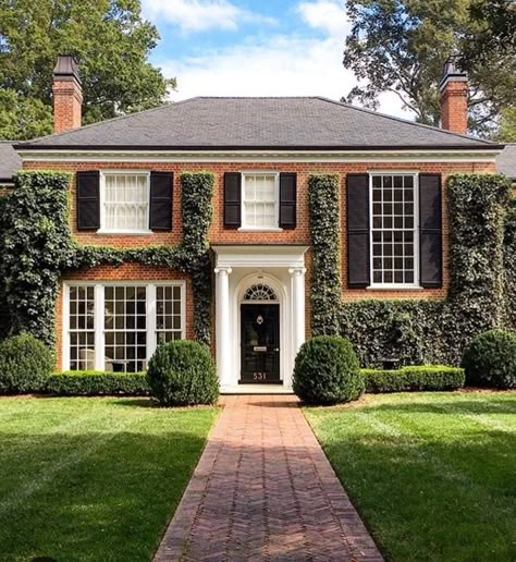 Colonial House Exteriors, Black Shutters, Red Brick House, Georgian Homes, Cute House, University Campus, House Exteriors, Style At Home, Home Exteriors