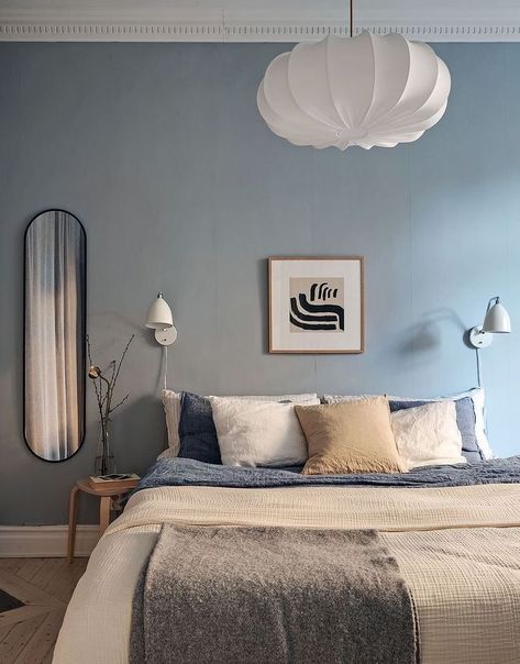 Baby Blue Bedrooms, Garden Hideaway, Masculine Bedroom Decor, Light Blue Bedroom, Blue Bedroom Walls, Beige Room, Cozy Bedrooms, Coco Lapine Design, Light Blue Walls